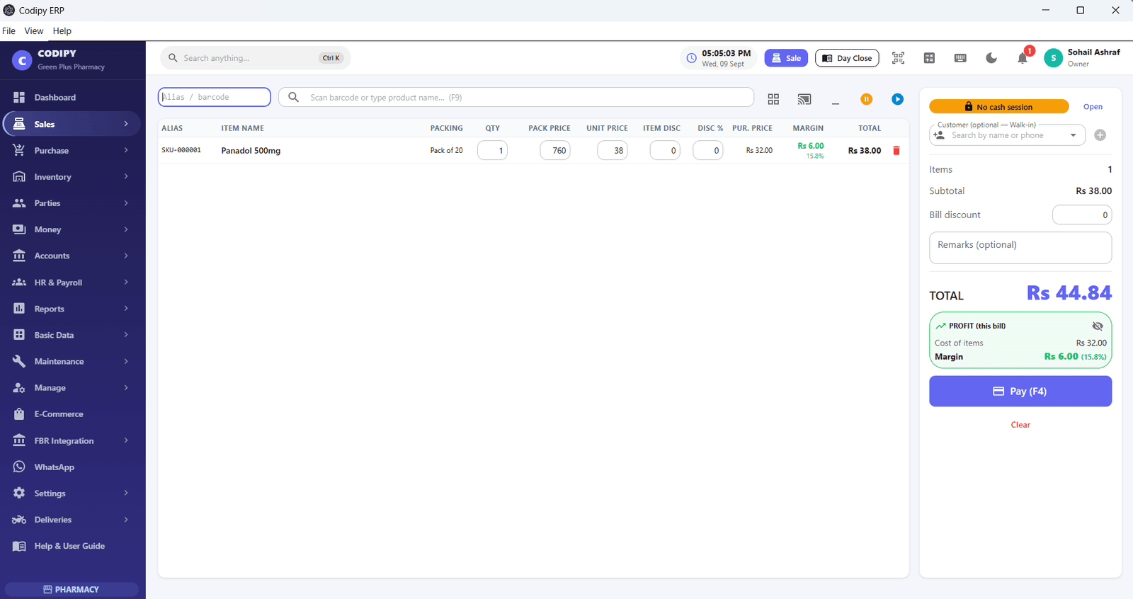 The Codipy POS billing screen: a pharmacy sale with pack price, unit price, live margin and the Pay (F4) button